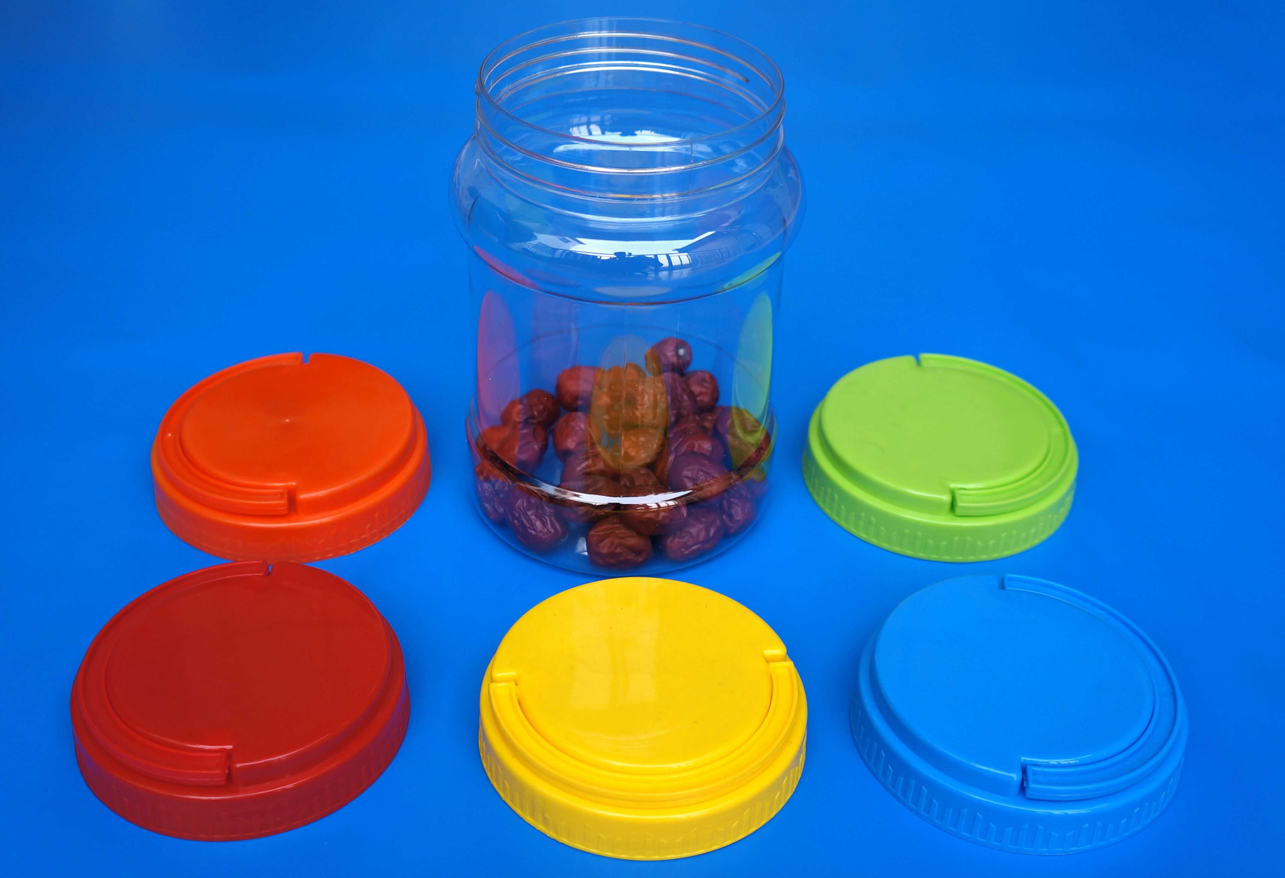 Round Shape PET Airtight Plastic Jars Colorful Cover Water Resistance
