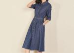 100% Cotton Belted Denim Dress Stripe Denim Button Through Long Skirt Indigo