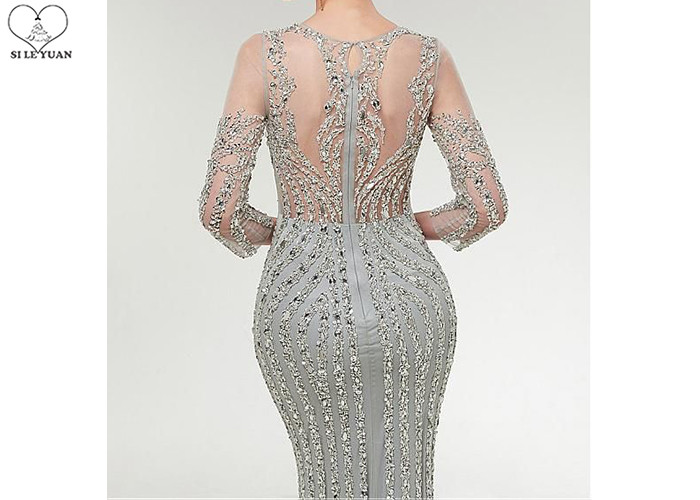 Transparent Custom Mermaid Prom Dresses Long Sleeve Silver Beading Small Train