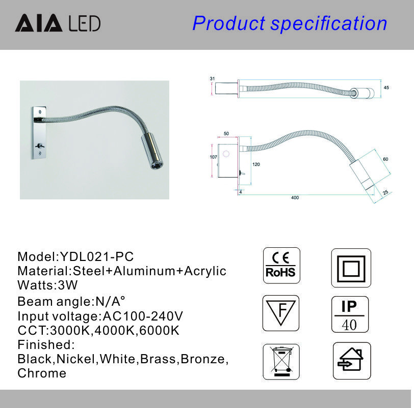 Good quality recessed mounted 3W reading wall lamp hotel led flexible arm bedside reading light for house decoration