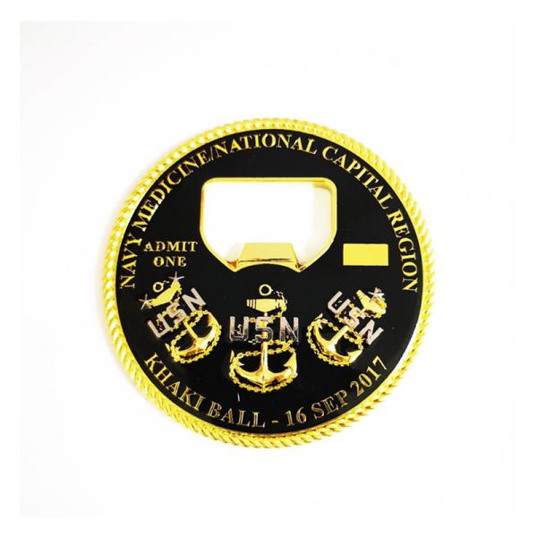Zinc Alloy 3D Epoxy Coated Metal Bottle Openers 75mm USN Style Gold And Nickel