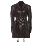 Breathable Women Fashion Drawstring Oversized Midi Winter Pockets Long Leather