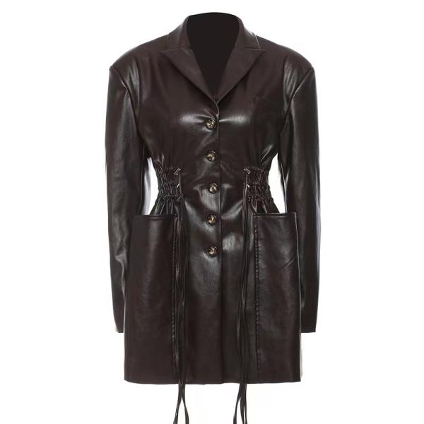 Breathable Women Fashion Drawstring Oversized Midi Winter Pockets Long Leather