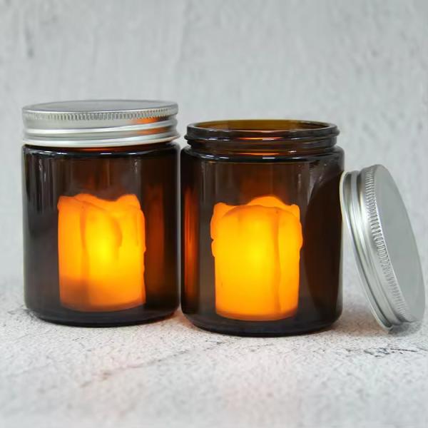 Buy cheap 8oz Wide Mouth Amber Straight Side Round Glass Candle Jar With Lids from wholesalers