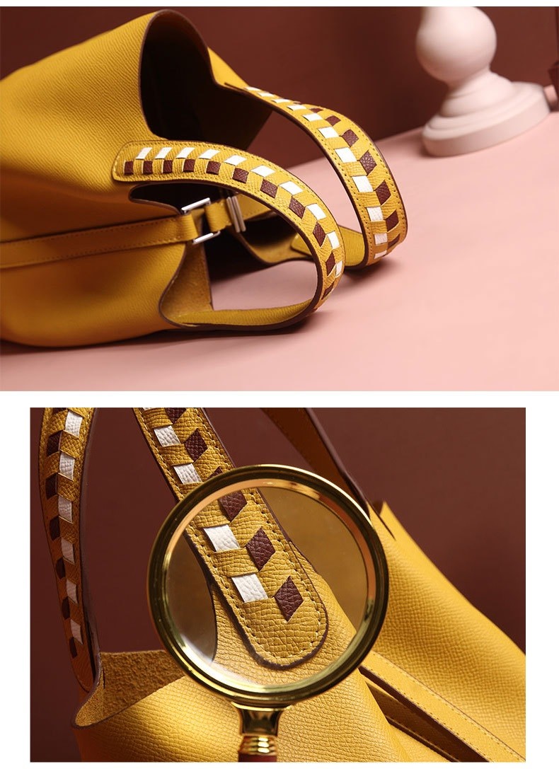 Polyester Lining Yellow Full Grain Leather Handbags For Ladies