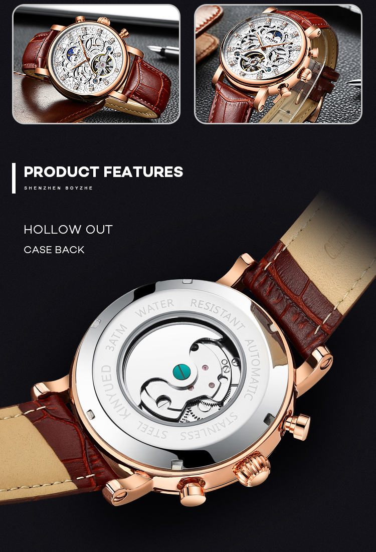 Brand KINYUED watch diamond decoration dial skeleton mens leather automatic mechanical watch