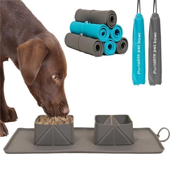 Pet Bowl Silicone Folding Pet Bowl Non-Slip Dog Double Bowl Flannel Bag Dog Bowl