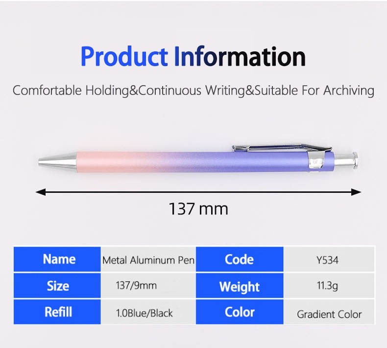 Aluminum Metal Gradient Color Ballpoint Pen 1.0mm Press Type Gift Ball Pen