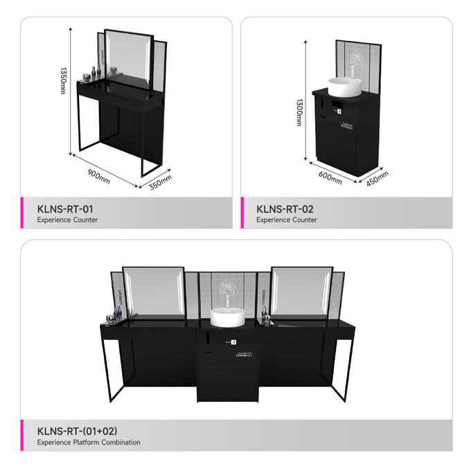 Retail Store Design Black Experience Desk with Mirror Beauty Shop Display Rack for Skincare Store Decoration