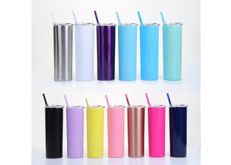 20oz Kitchen Household Items Skinny Insulated Tumbler Cups With Colored Straw