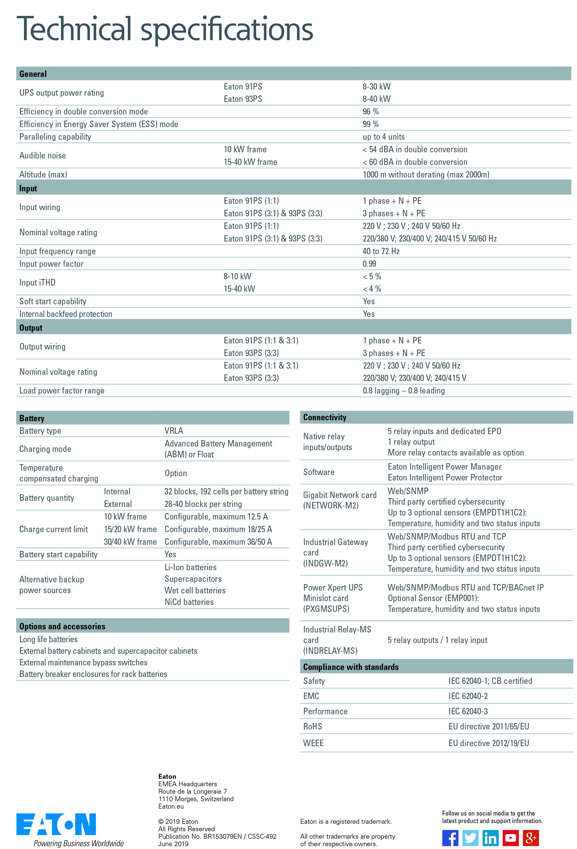 Eaton 93PS Series 3000kVA On-line UPS for On-line and Rated Voltage 380/400/415VAC