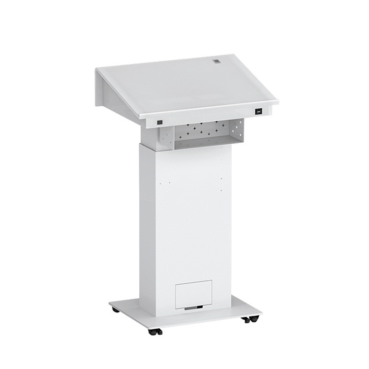 White Office Height Adjustable Desk Electric Lift Podium With Movable Casters