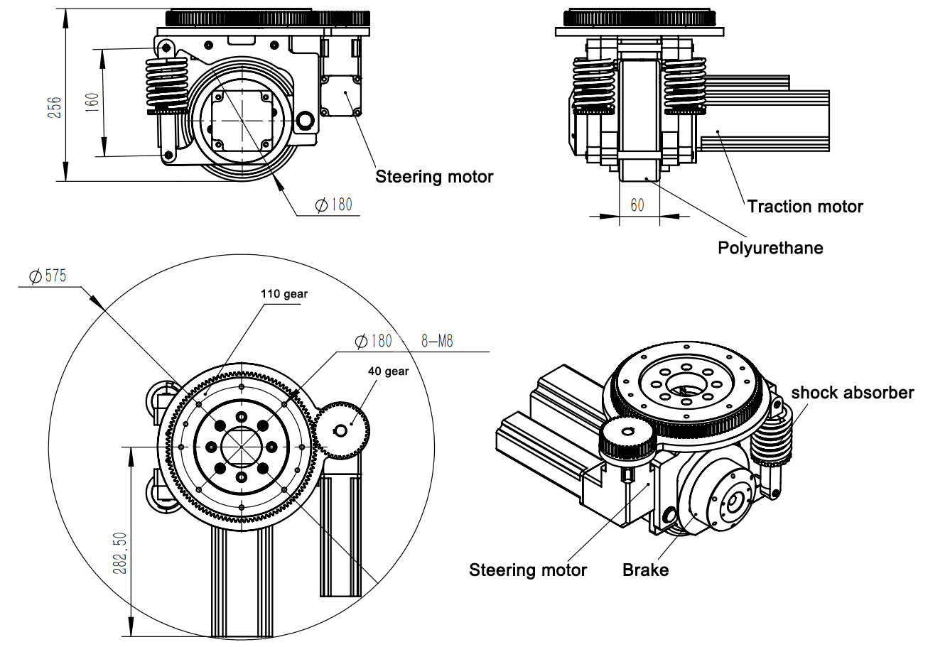 Aluminum Alloy 750W Motor Robot Drive Wheels Shock Absorption IP67
