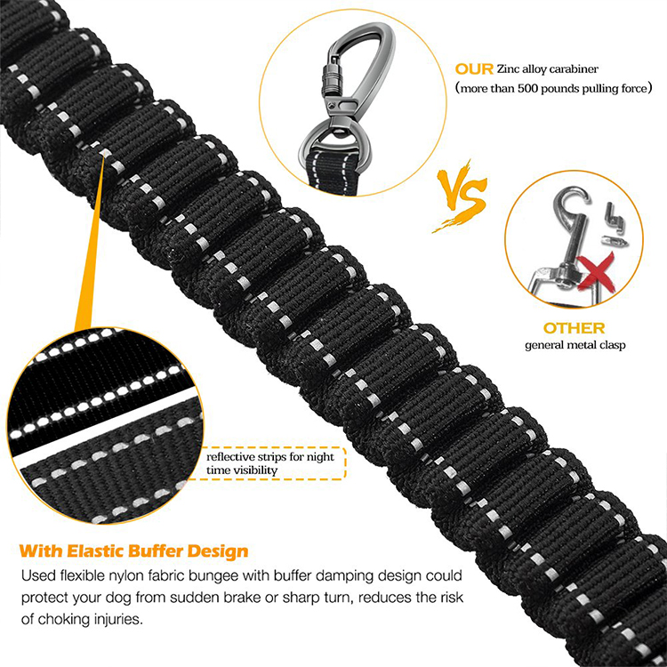 Heavy Duty 4-6FT Bungee Dog Paracord Leash Durable Car Seat Belt Walking Running Training Pet Leash with Zinc Alloy Carabiner