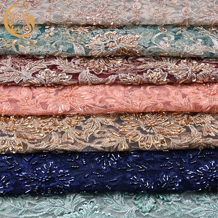 Nigerian Styles Gold Beaded Lace Fabric Handmade Tulle Embroidery 135cm Width