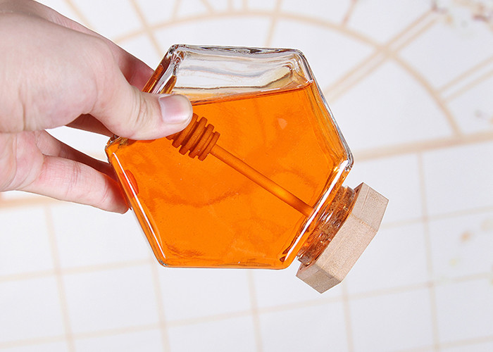 220ml 380ml Hexagonal Glass Honey Jars Wooden Lid OEM ODM Service