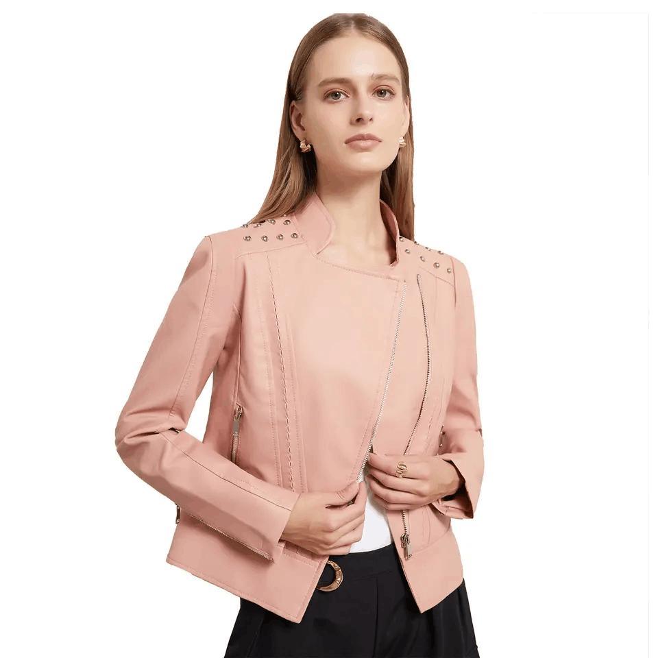Women′s Rivet Faux Leather PU Jacket, Studded Rivet Punk Biker Moto Fashion Jacket Coat with Long Sleeve