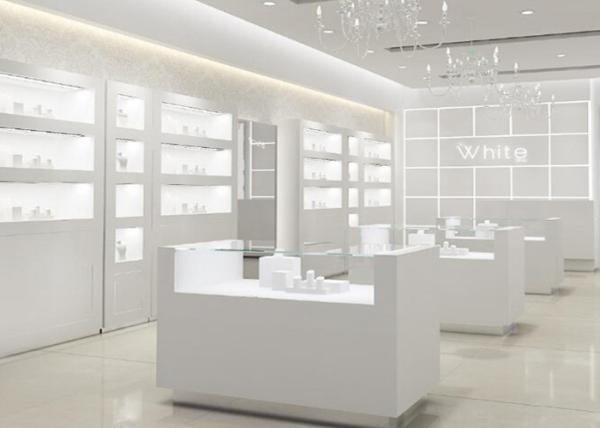 Buy cheap Simple Wooden In Pure Matte White Jewelry Shop Decoration With Led Light from wholesalers