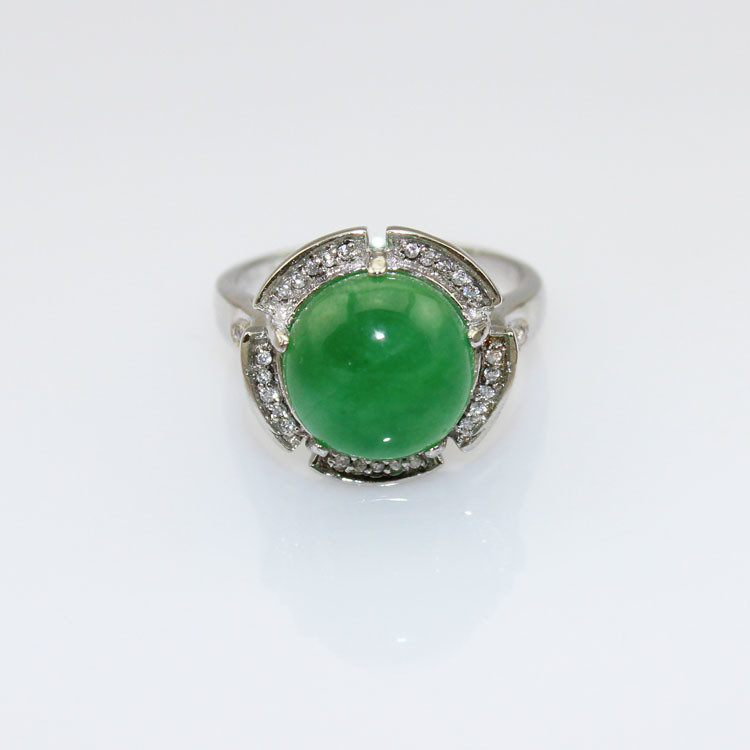 925 Sterling Silver Ring 11mm Round Green Jade Cubic Zirconia(F03)