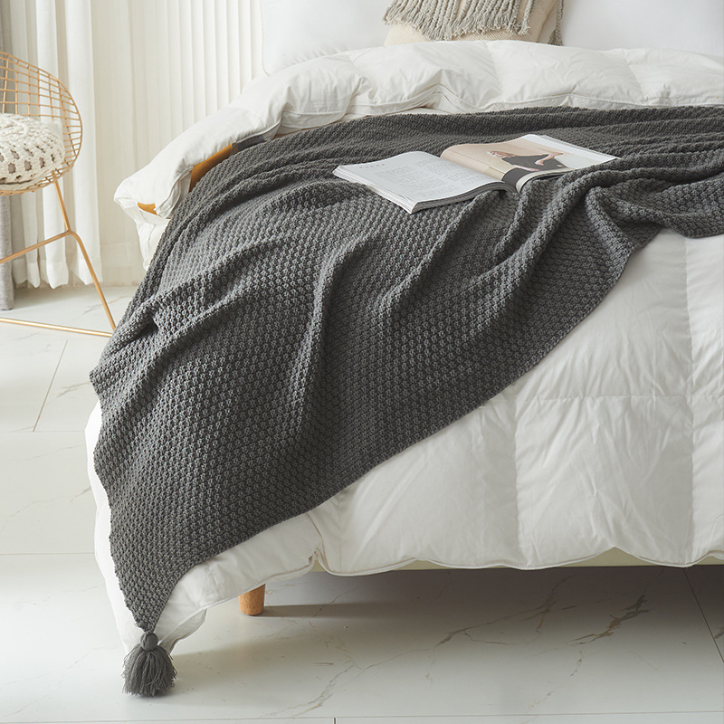 Knitted Wool Throw Blanket with Acrylic Tassel Simple Style Custom Solid Sofa Blanket