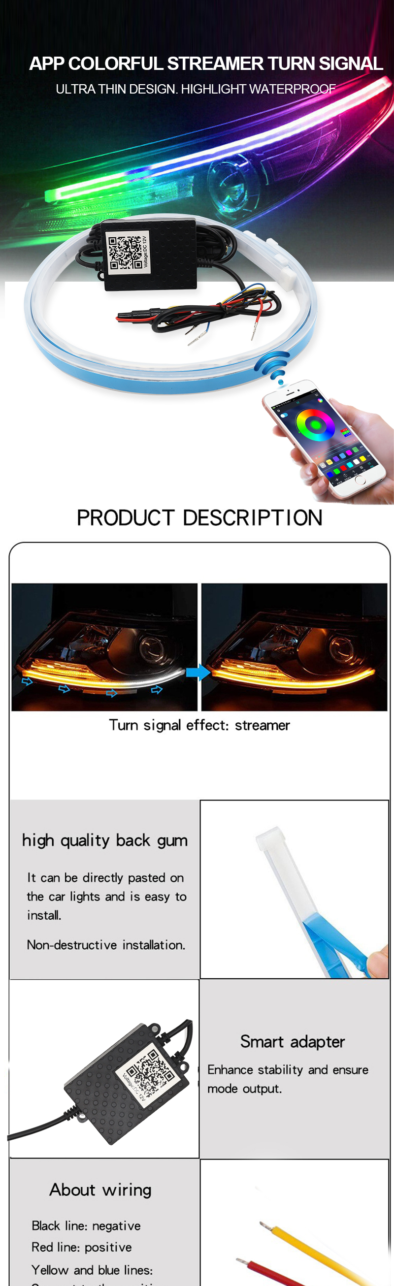 APP Control DRL LED Day Time Running Light Universal Neon Waterproof Switchback RGB
