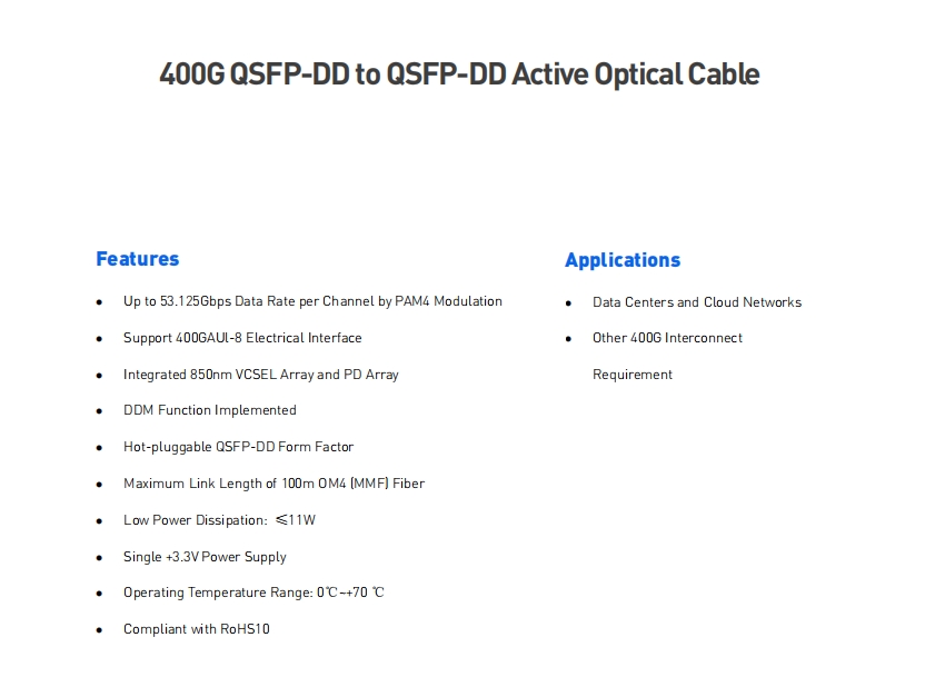 Mellanox Compatible QDD-400G-A10 Active Optical Cable For Speed Data Transmission