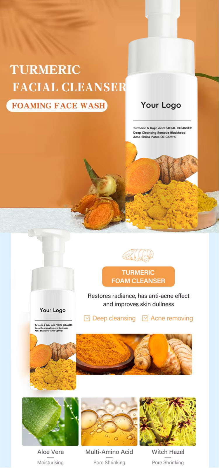 Turmeric Kojic Acid Mousse Clean Clear Skin Niacinamide Brightening Foaming Face Wash Cleanser for Dark Spots Skin