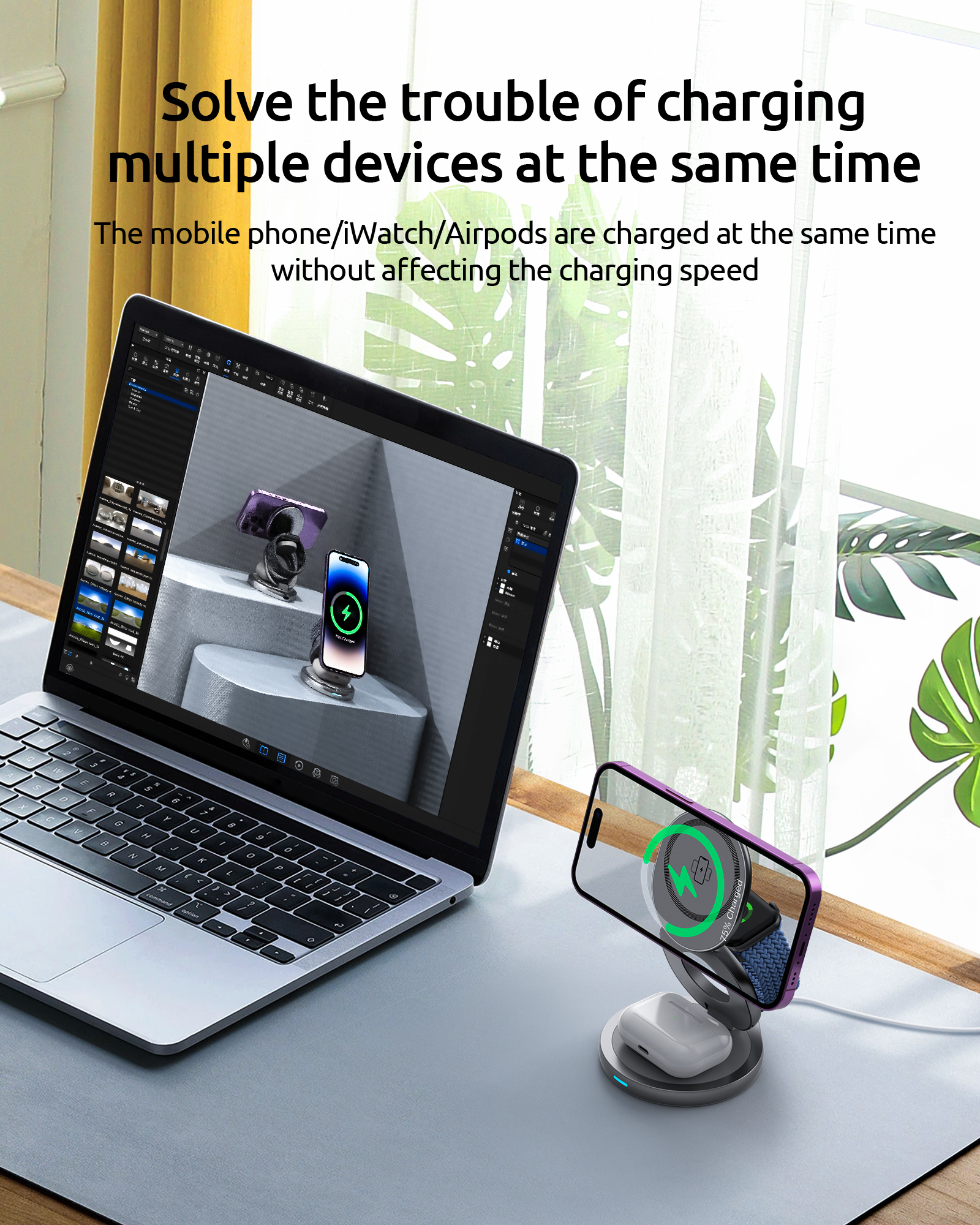 15W 10W 7W 5W Foldable Wireless Charging Station For Mobile Phone Earphone Watch