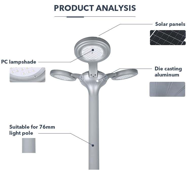Aluminum Solar Street Light 33W/5V 6500K With 3 Lights IP65 Waterproof