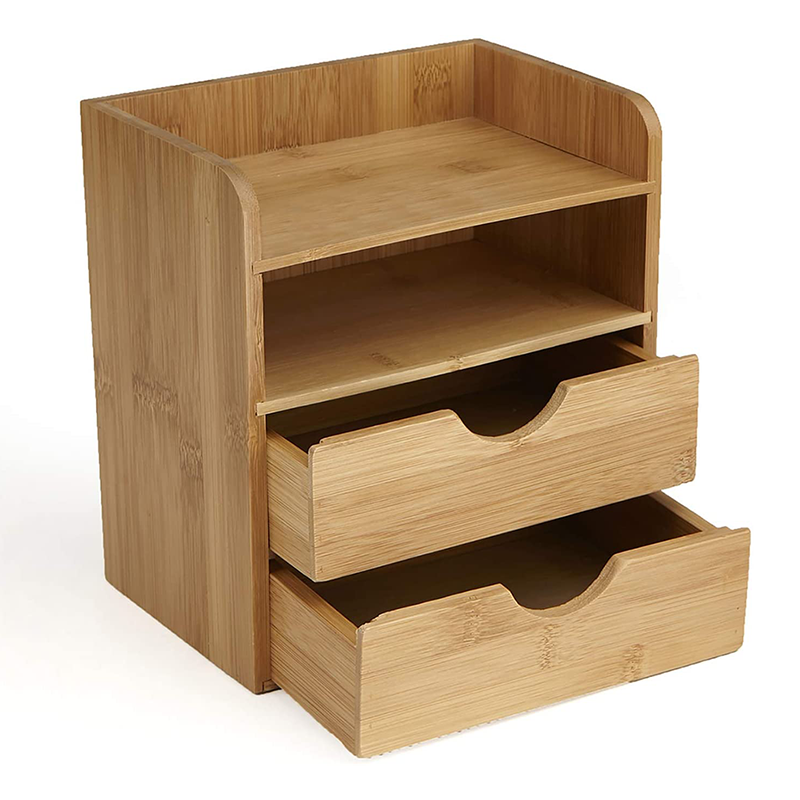 Customized Logo Acceptable 4-Tier Bamboo Box Desk Organizer with 2 Drawers