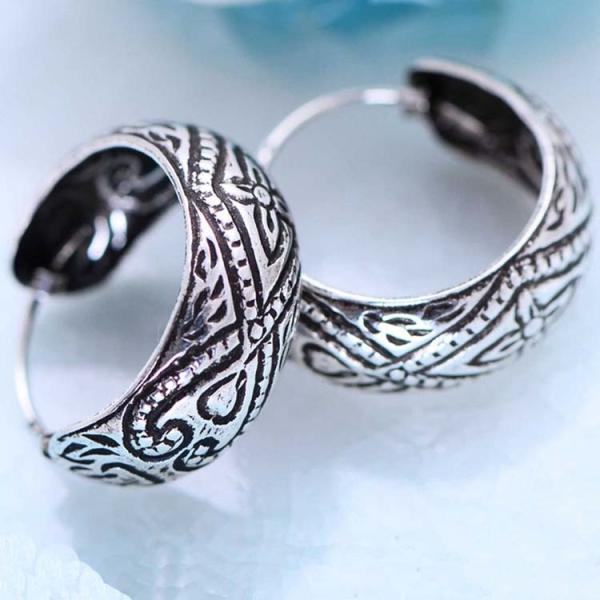 Buy cheap Sterling Silver Vintage Handmade Engraved Designs Hoop Earrings(057584W) from wholesalers