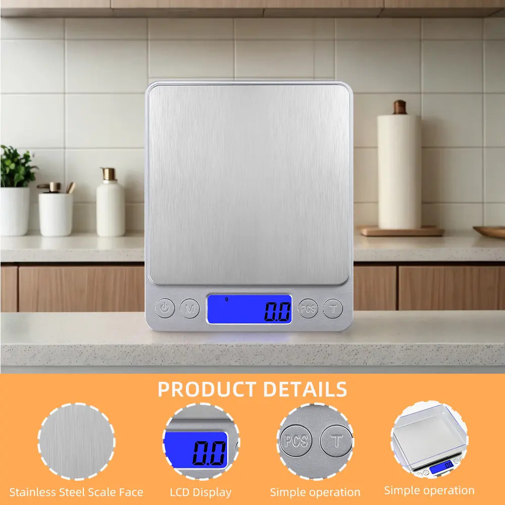 Digital Kitchen Scale 3kg/0.1g 500g/0.01g,1kg/0.1g,2kg/0.1g,3kg/0.1g Stainless Steel LCD Electric Electronic Gram