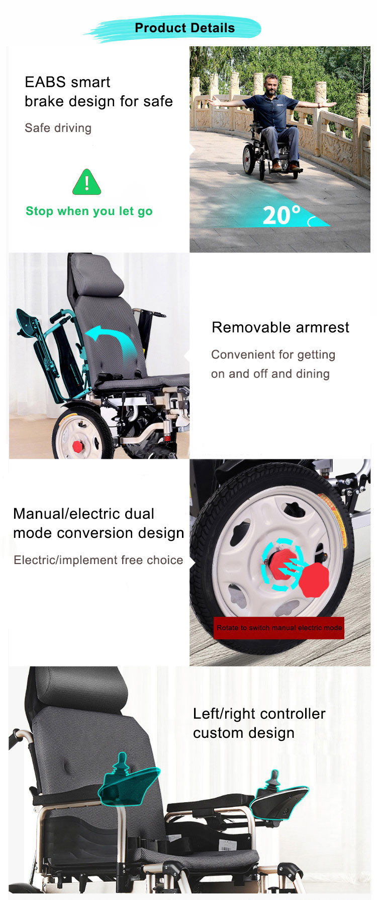 Disabled Electric Medical Transport Wheelchair With Remote Control Homecare