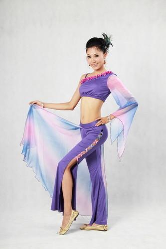 2 Pcs Purple Belly Dancing Clothes Diagonal Neckline Bra Leotard Long Dress