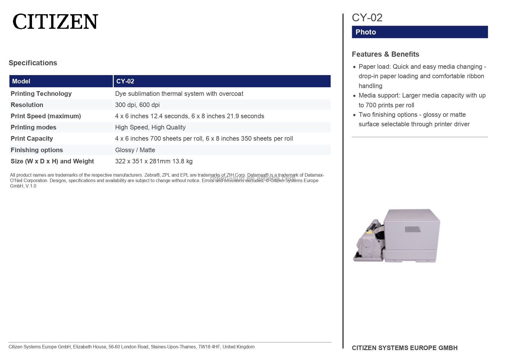 Compact CY-02 Citizen Dye-Sublimation Photo Printer with 1 Accessory Specification