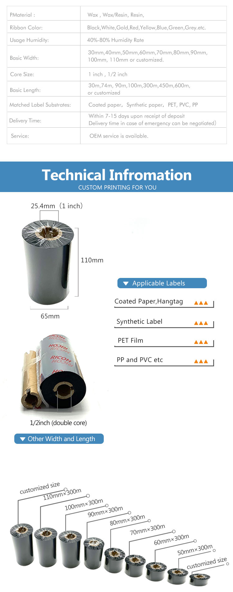 Polyester Film Printing Resin Thermal Transfer Ribbon Ricoh B110cr Printer Compatible Label Tape