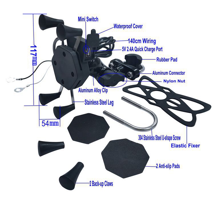 GPS 12V 2.4A Dirt Bike Handlebar Phone Mount 360D Rotation