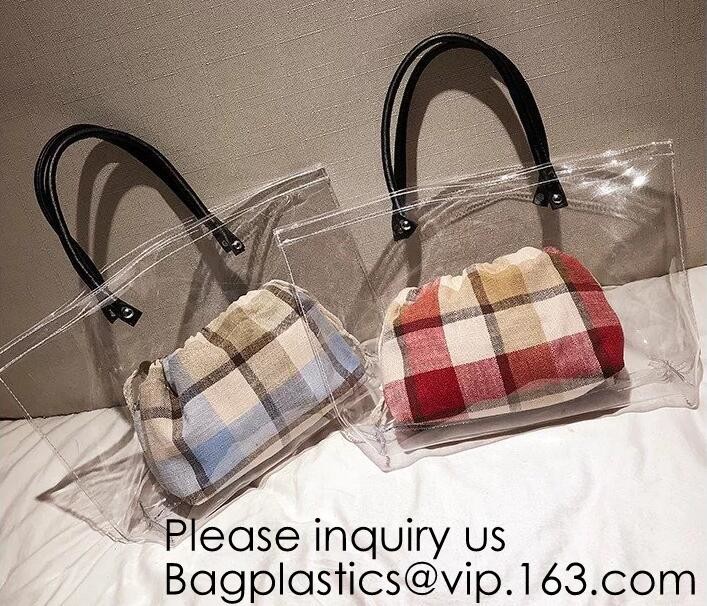 Vinyl Transparent PVC Gusset Bag Plastic Tote Shopping Bag For Packaging TPU Laser Makeup Handbag PVC Cosmetic Shopping