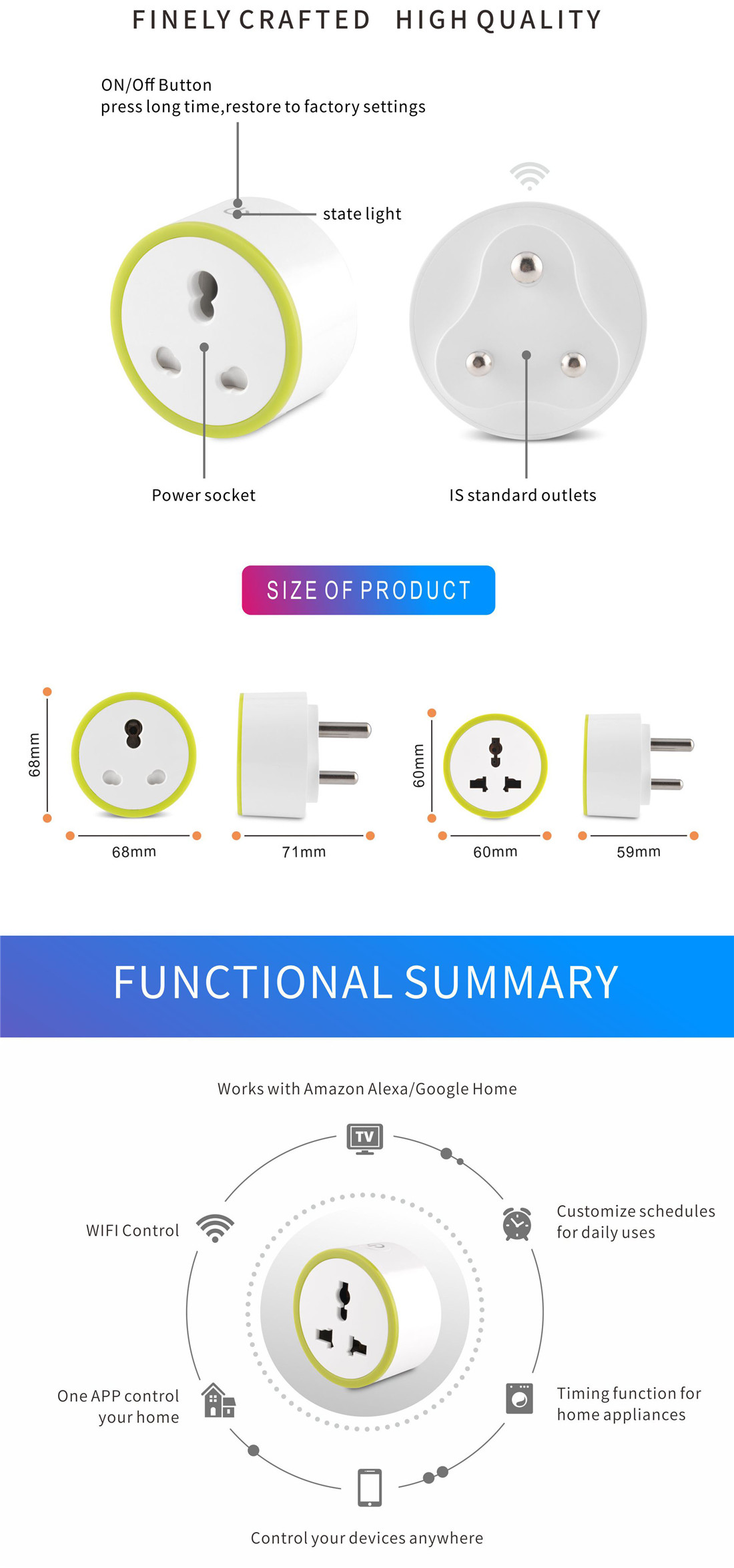 Round Green Indian Standard 16A Multi-function Smart Socket Wi-Fi Plug-Power Metering