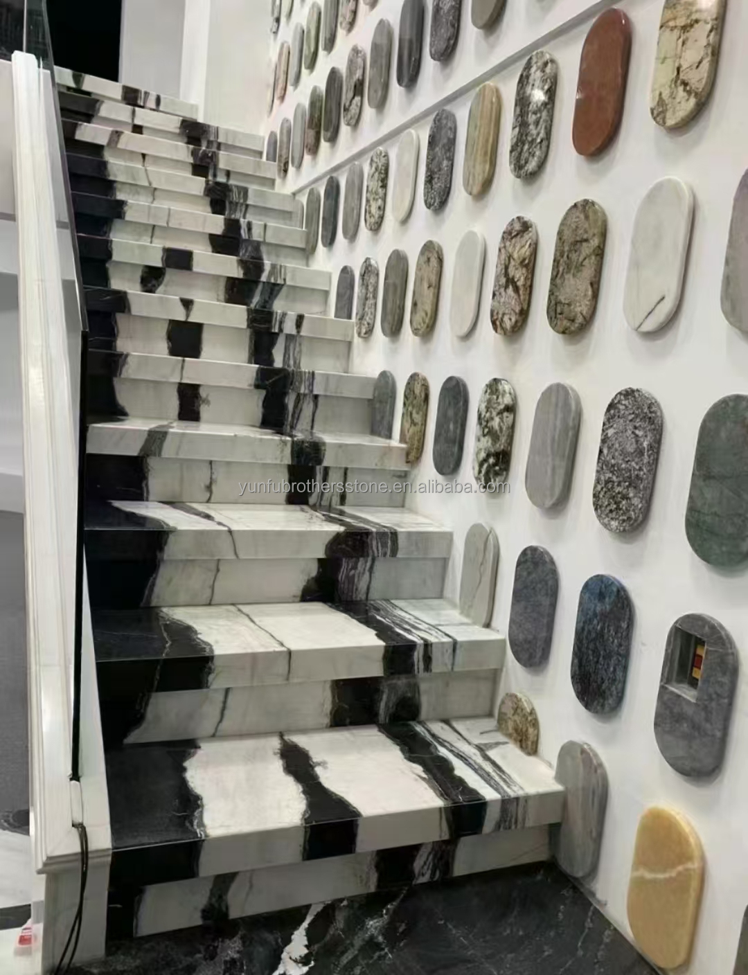 Easy Installation Panda White Marble Stairs with Modern Design and LED Wall Lights