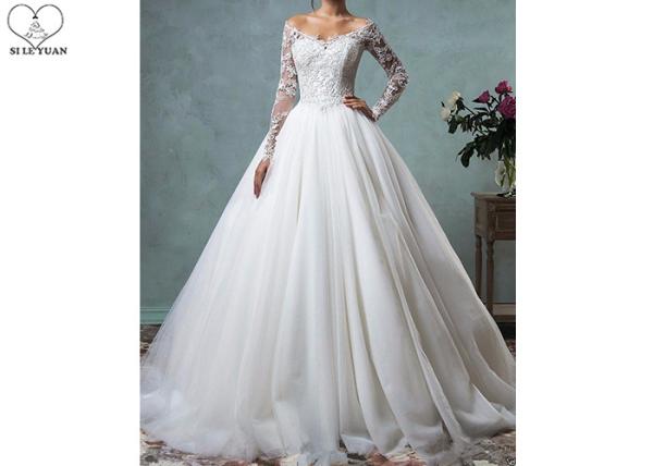 Buy cheap Fashion Long Sleeve Lace Wedding Dress Off Shoulder Backless Organza Sweep Train from wholesalers