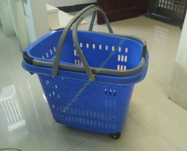 Buy cheap 50L Supermarket Plastic Shopping Basket With Wheels , Long Bar Retractable Handle from wholesalers