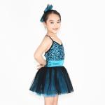 Spandex Sequin Kids Dance Clothes Black Polka Dot Over Turquoise Tulle Dress