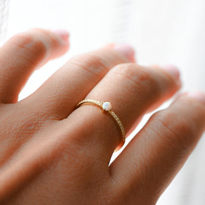Women's Minimalist Design 925 Sterling Silver 18K Gold White Zircon Opal Ring