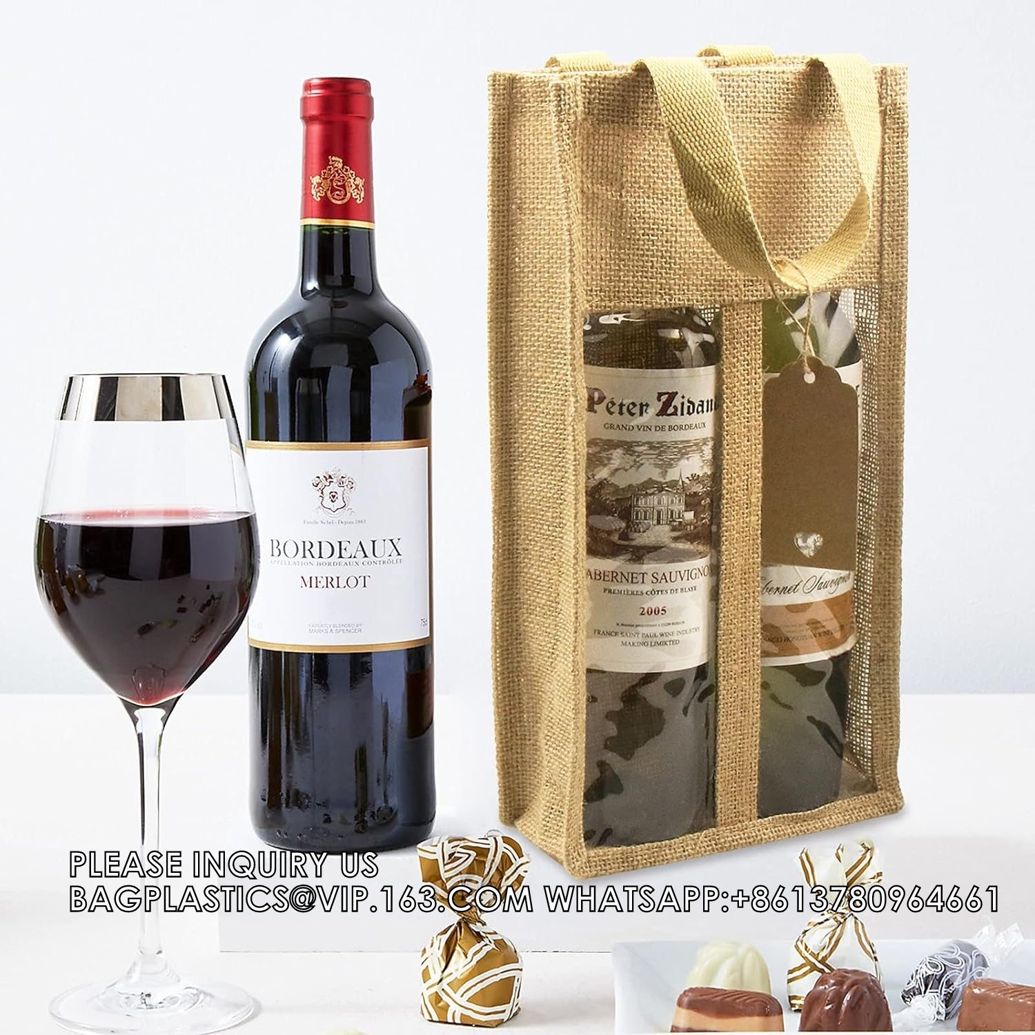 Double Window Two Bottles Burlap Jute Wine Bottle Bag Wedding, Party Favors, Christmas, Holiday And Wine Tasting