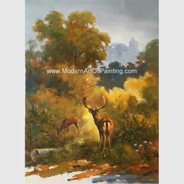 Canvas Classic Animal Oil Painting , Two Deer Framed Wall Art 24" X 36" For