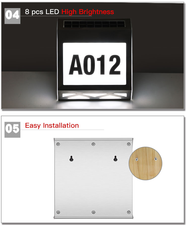 DC 4V Outdoor Solar House Number LED Door Sings Wall Stainless Steel 500mAh