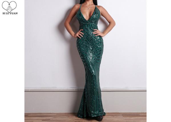 Buy cheap Sexy Sling Dark Green Mermaid Prom Dresses Backless Deep V Neck Sequins Fabric from wholesalers