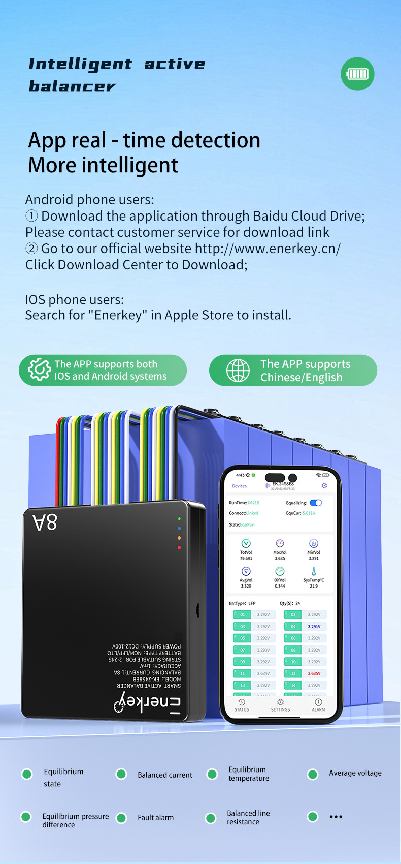 Enerkey BT Mobile App Smart Active Equalizer 8a Lifepo4 Active Cell Balancer For RV Energy Storage