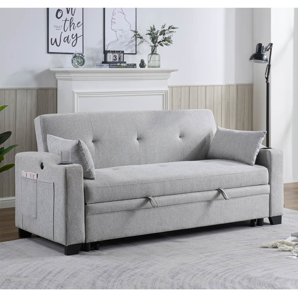 Queen Size Convertible Sleeper Sofa Bed, Comfortable Pull-Out Bed with Adjustable Backrest and USB Charging Port and Cup Holders, Futon Sofa Bed, Gray